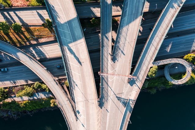 the aerial view of overlapping highways